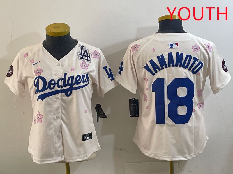 Youth Los Angeles Dodgers #18 Yamamoto Cream Sakura Edition 2025 Nike MLB Jersey style 11